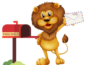 Löwe mit Brief vor einem Briefkasten.