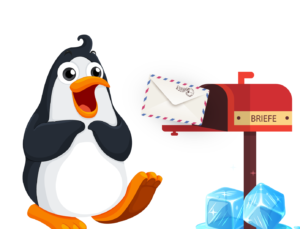 Paul Pinguin mit Brief am Briefkasten