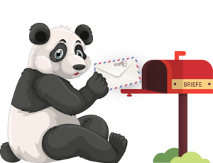 Pepe Panda mit Brief vor einem Briefkasten.